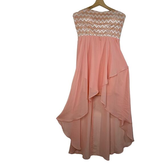 Celavie Peach Strapless High Low Cocktail Dress Size L Chiffon Chevron Print USA - Picture 1 of 11